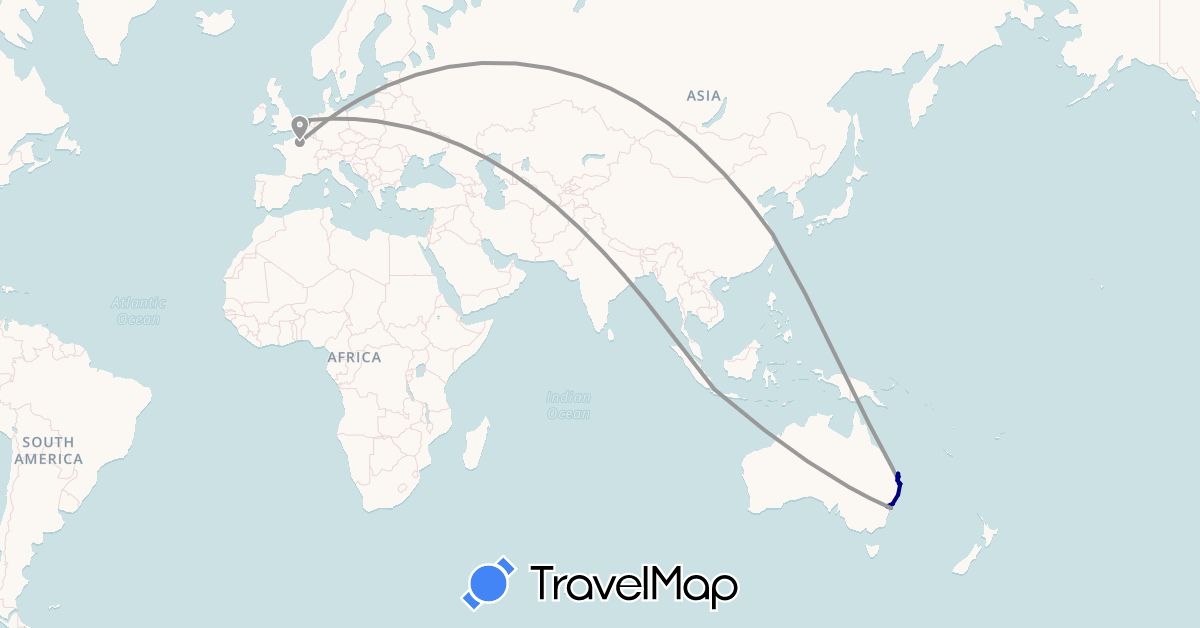 TravelMap itinerary: driving, plane in Australia, China, France, Indonesia, Netherlands (Asia, Europe, Oceania)